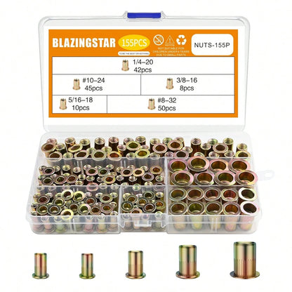 #8-32#10-24 1/4"-20 5/16"-18 3/8"-16 Carbon Steel UNC Rivet Nuts Assortment Kit, Yellow Zinc Plated Finish, Flat Head Threaded Insert Nut Assort