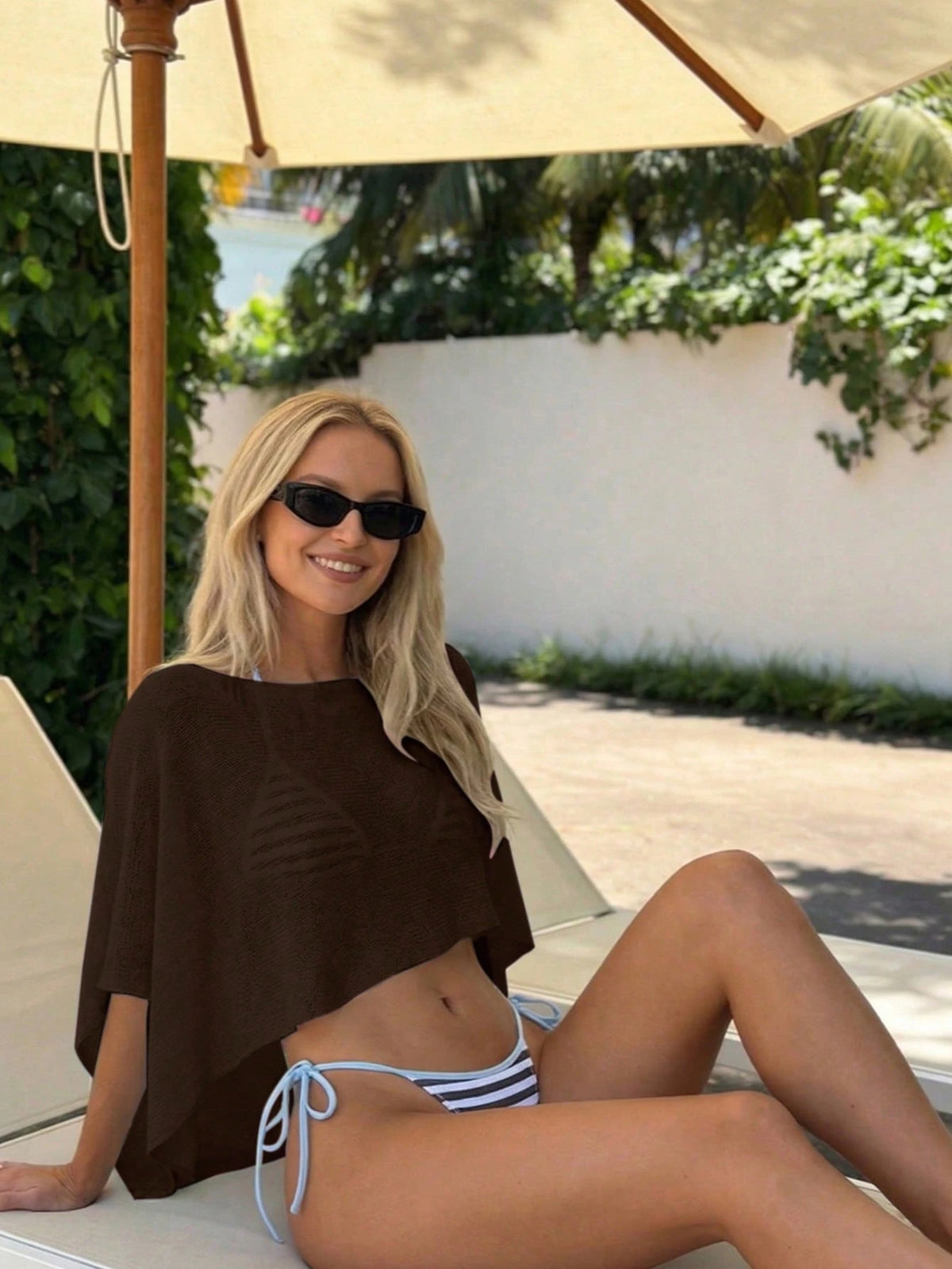 (Light Breeze) Women's Sexy Knit Sleeveless Round Neck Semi-Sheer Cropped Cover Up Beach Brown Vacation