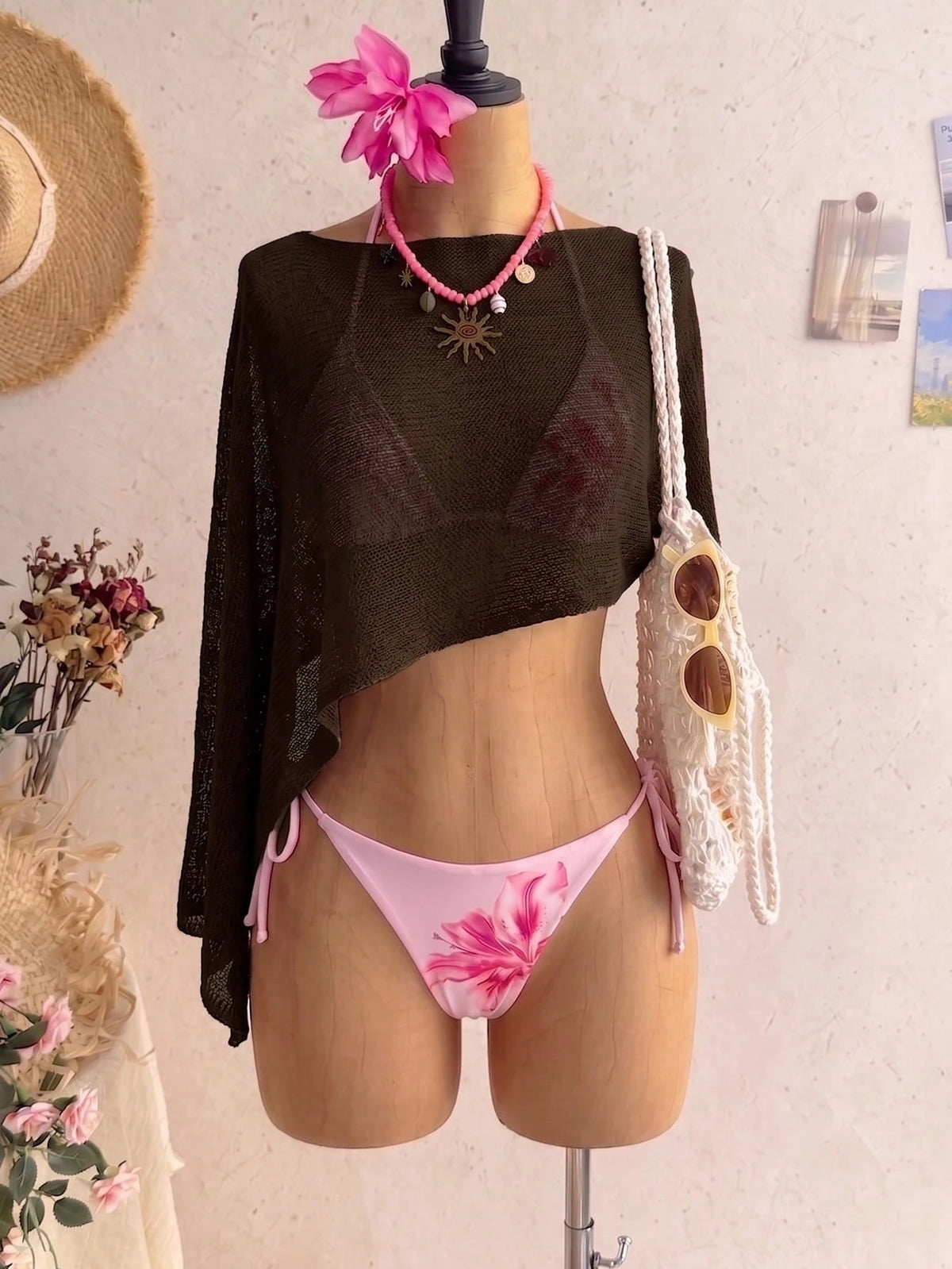 (Light Breeze) Women's Sexy Knit Sleeveless Round Neck Semi-Sheer Cropped Cover Up Beach Brown Vacation