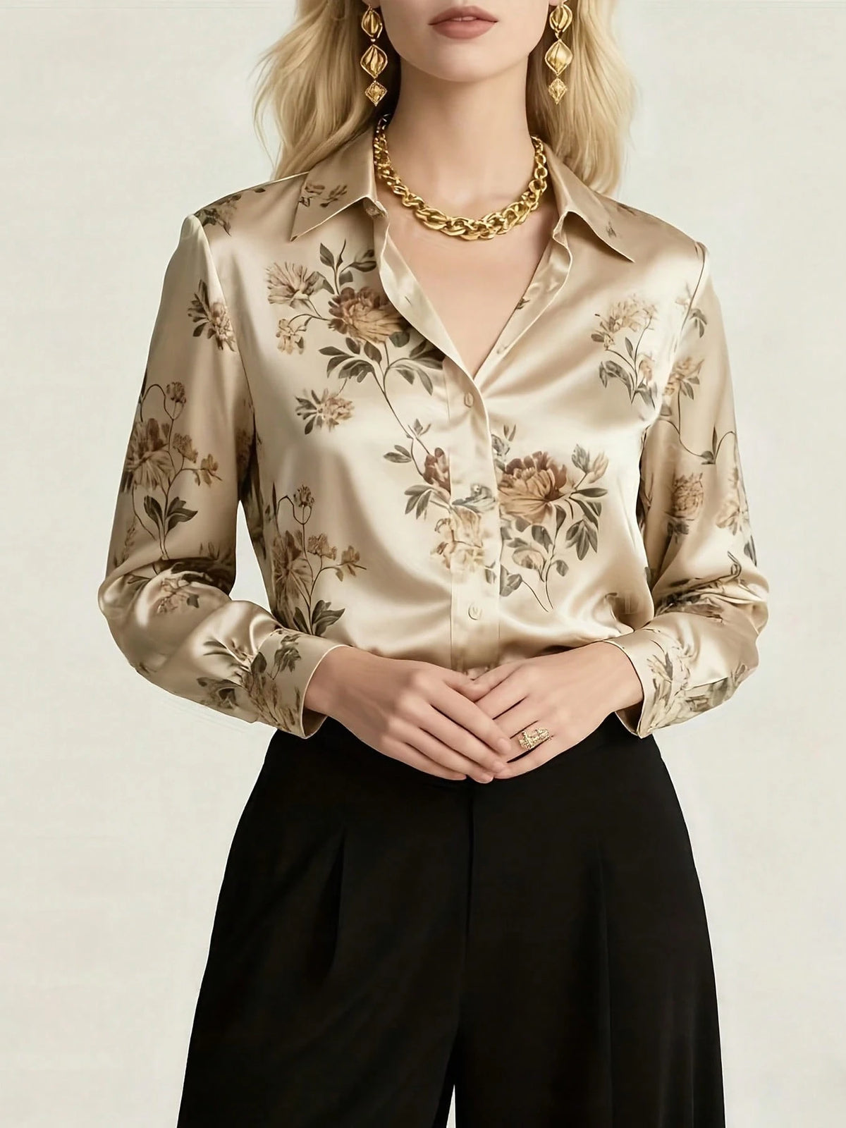 Women's Satin Floral Print Long Sleeve Elegant Front Button Shirt Spring Vacation