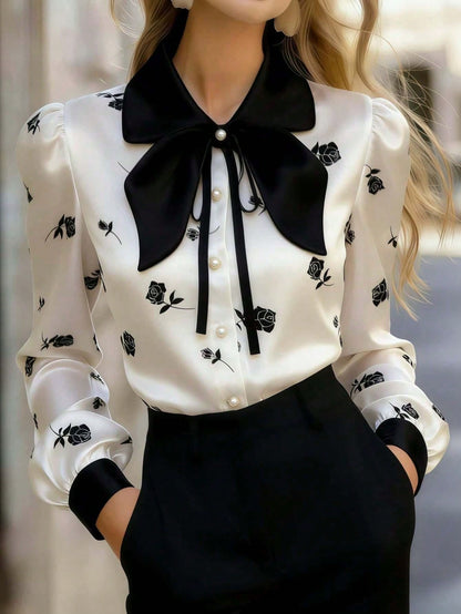 Women's Satin Rose Print Blouse, Long Sleeve Button-Up Shirt, Bow Tie Collar, Regular Fit, Suitable For Office Or Casual Wear White Spring