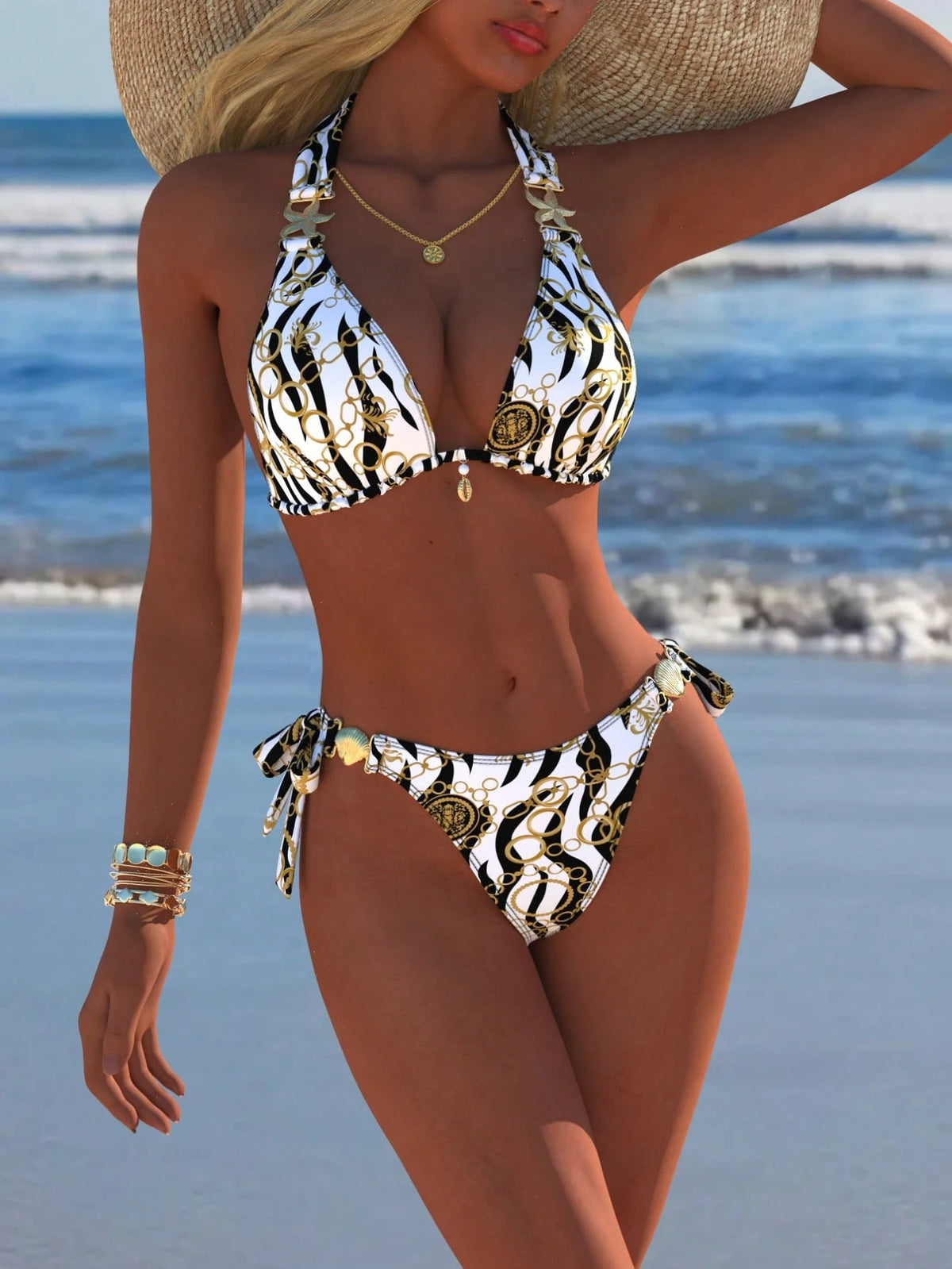 Women's Sexy Halter Bikini Set, Gold Chain & Zebra Print Swimsuit, Beach Vacation New Style, Holiday Summer Travel Outfit