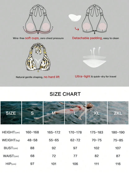 Women's Sexy Halter Bikini Set, Gold Chain & Zebra Print Swimsuit, Beach Vacation New Style, Holiday Summer Travel Outfit