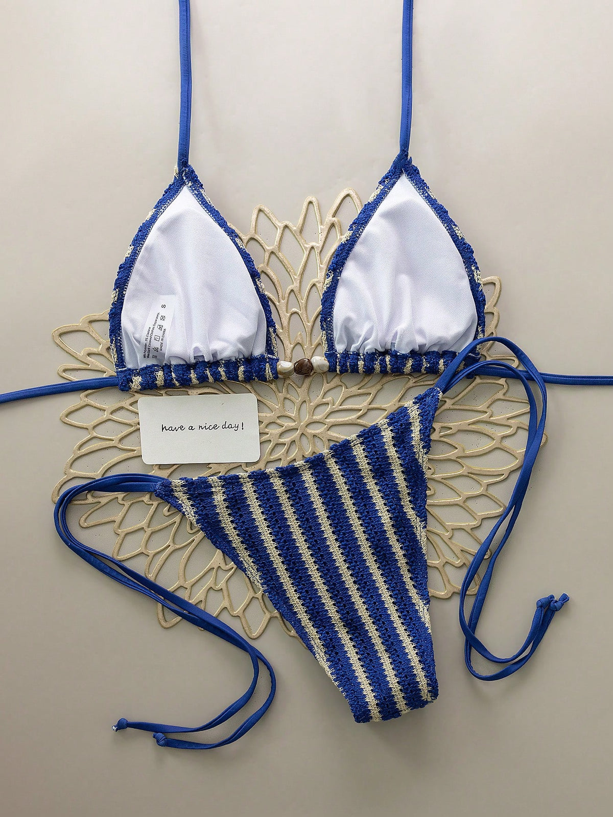 Women's Sexy V-Neck Striped Bikini Set, Pearl Tie Design, Side Tie Bottom, Suitable For Beach Vacation Summer