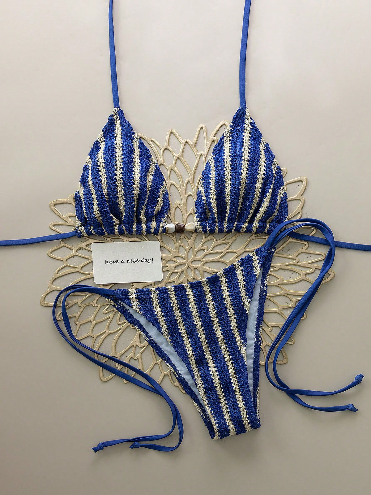 Women's Sexy V-Neck Striped Bikini Set, Pearl Tie Design, Side Tie Bottom, Suitable For Beach Vacation Summer