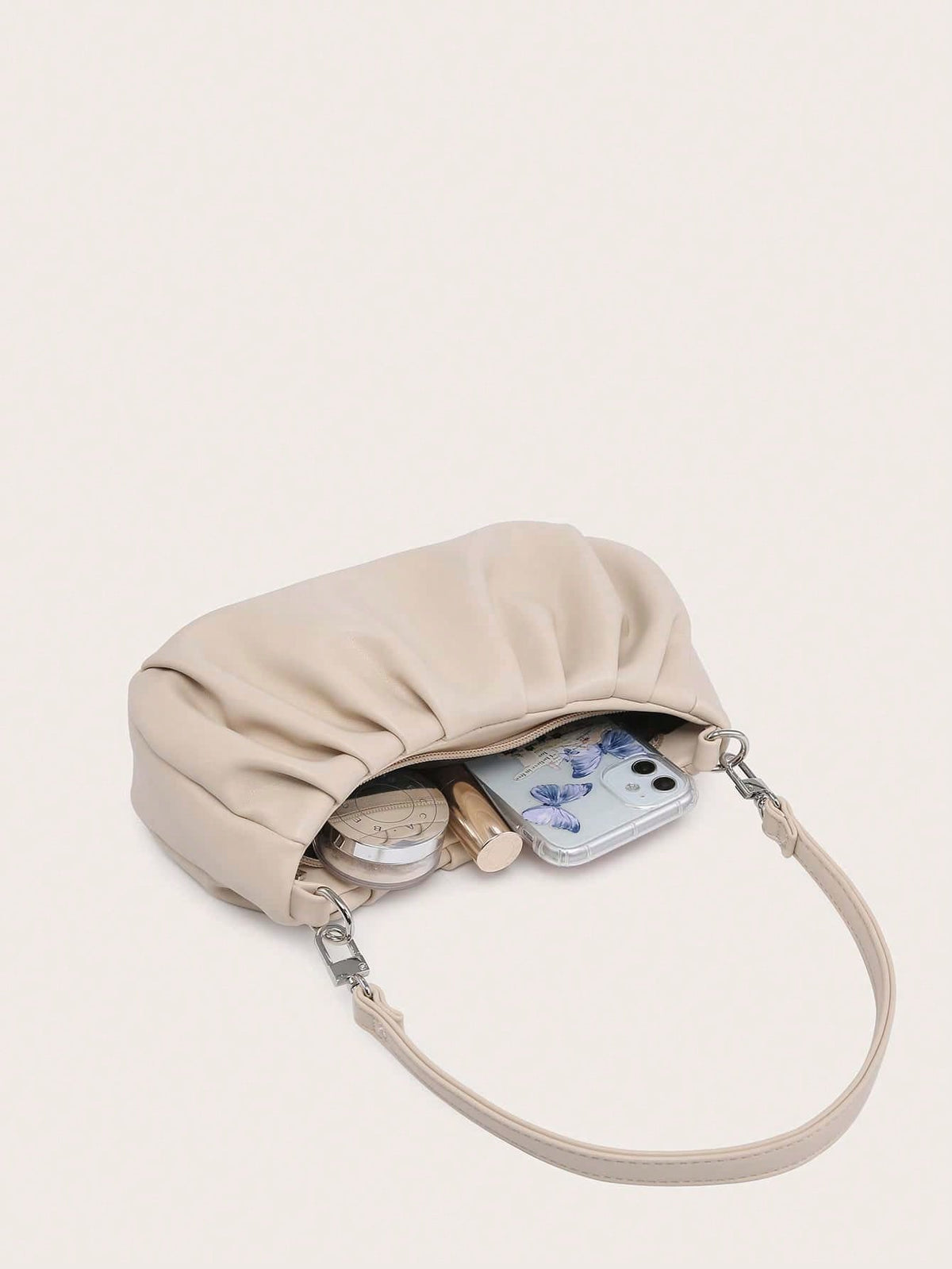 Women's Shoulder Bag, Baguette Bag, PU Wrinkled Fabric, Multi-Functional Front Chain Decoration, Simple And Versatile, Suitable For Commuting, Shopping And Outings