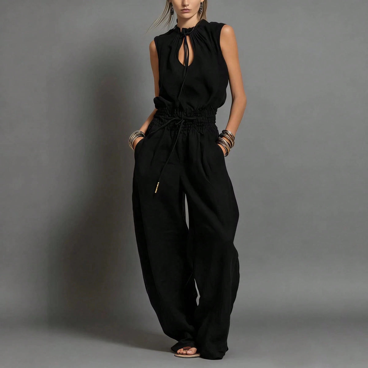 Women's Sleeveless Keyhole Neck Jumpsuit, Elastic Waist Wide Leg Pants, Casual & Resort Wear
