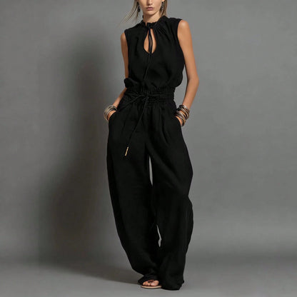 Women's Sleeveless Keyhole Neck Jumpsuit, Elastic Waist Wide Leg Pants, Casual & Resort Wear