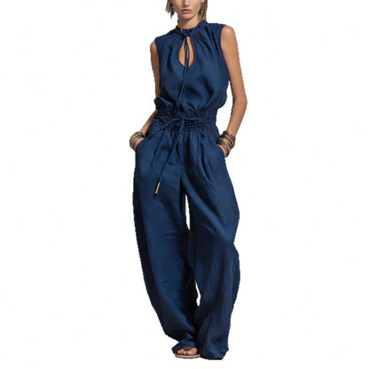 Women's Sleeveless Keyhole Neck Jumpsuit, Elastic Waist Wide Leg Pants, Casual & Resort Wear