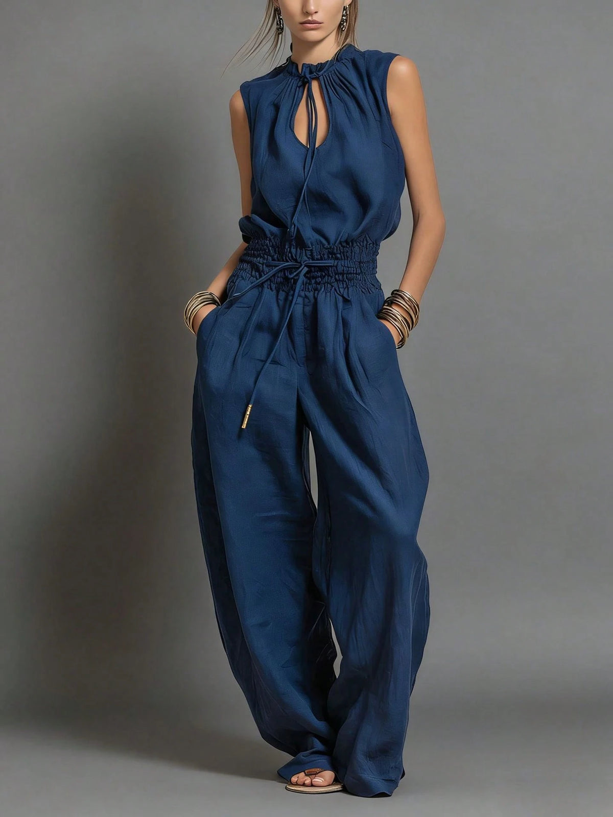 Women's Sleeveless Keyhole Neck Jumpsuit, Elastic Waist Wide Leg Pants, Casual & Resort Wear