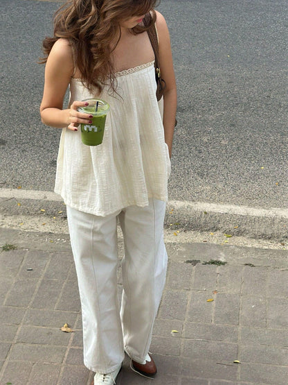 Women's Sleeveless Woven Fabric Lace Strap Top, Casual Loose Fit, Regular Length Shirt With Textured Fabric And Lace Patchwork Design Summer