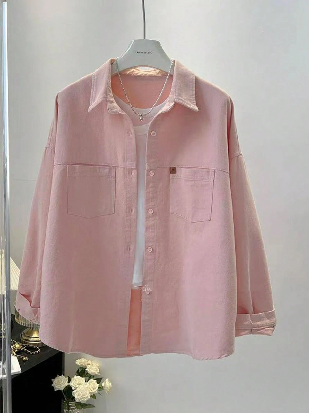 Women's Solid Color Front Button Pocket Casual Shirt, Spring Pink