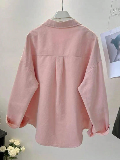 Women's Solid Color Front Button Pocket Casual Shirt, Spring Pink