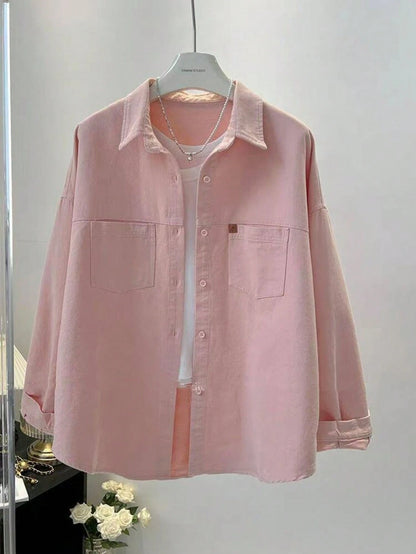 Women's Solid Color Front Button Pocket Casual Shirt, Spring Pink