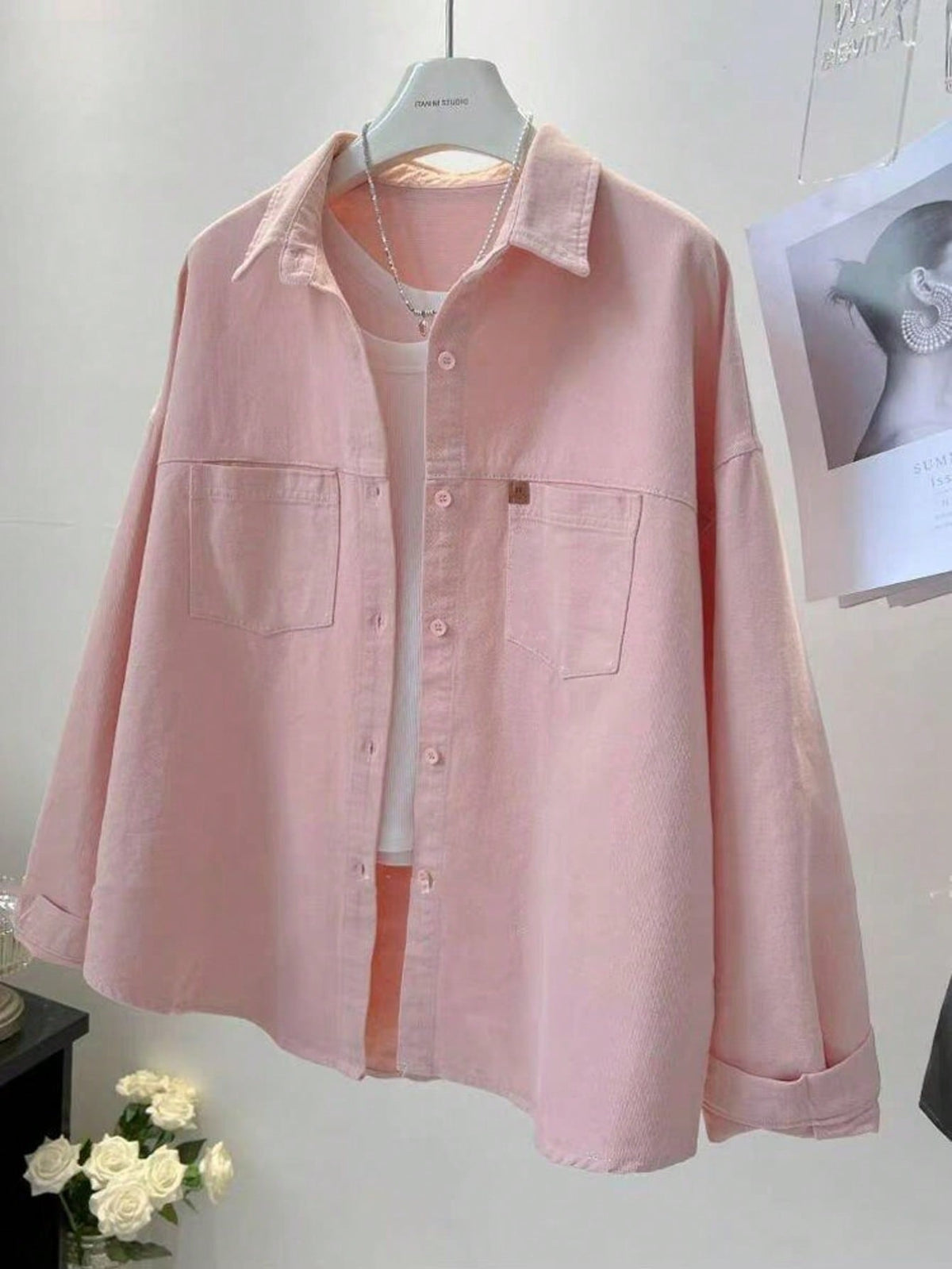 Women's Solid Color Front Button Pocket Casual Shirt, Spring Pink