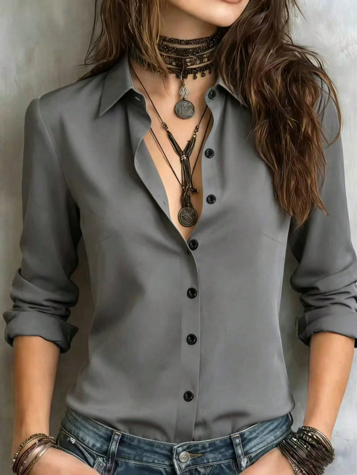 Women's Solid Color Long Sleeve Shirt, Featuring A Collared Design To Showcase A Professional And Capable Demeanor, Made Of Comfortable Fabric, Office Siren