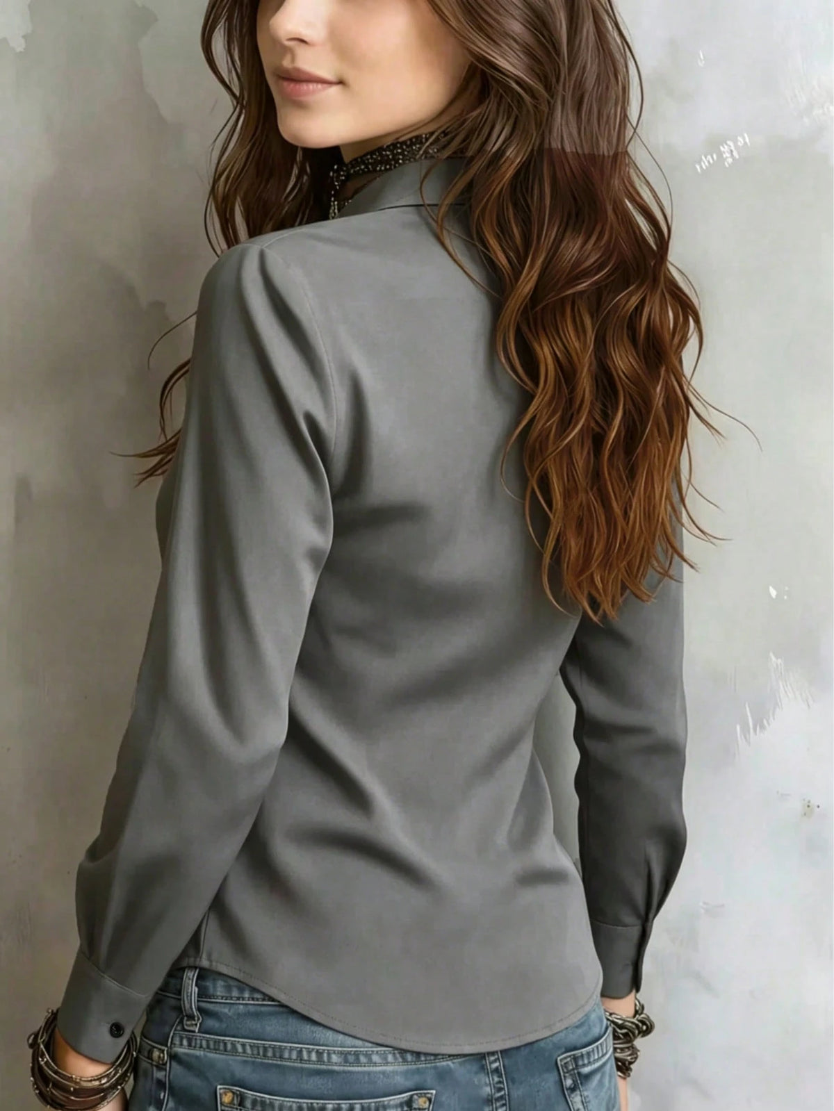 Women's Solid Color Long Sleeve Shirt, Featuring A Collared Design To Showcase A Professional And Capable Demeanor, Made Of Comfortable Fabric, Office Siren