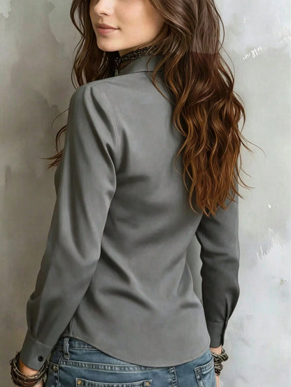 Women's Solid Color Long Sleeve Shirt, Featuring A Collared Design To Showcase A Professional And Capable Demeanor, Made Of Comfortable Fabric, Office Siren