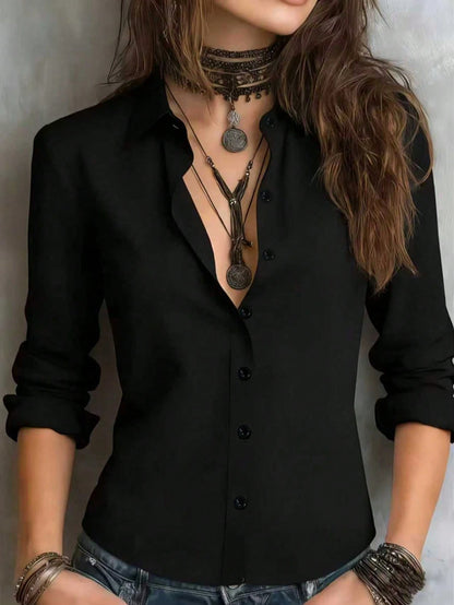 Women's Solid Color Long Sleeve Shirt, Featuring A Collared Design To Showcase A Professional And Capable Demeanor, Made Of Comfortable Fabric, Office Siren