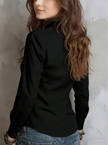 Women's Solid Color Long Sleeve Shirt, Featuring A Collared Design To Showcase A Professional And Capable Demeanor, Made Of Comfortable Fabric, Office Siren