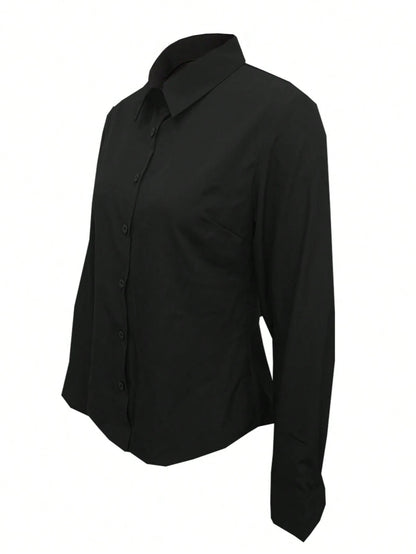 Women's Solid Color Long Sleeve Shirt, Featuring A Collared Design To Showcase A Professional And Capable Demeanor, Made Of Comfortable Fabric, Office Siren