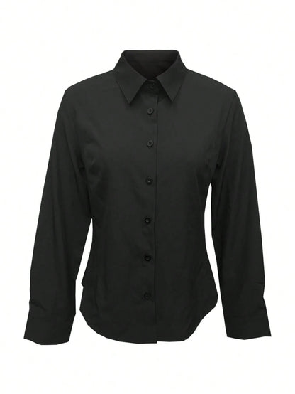 Women's Solid Color Long Sleeve Shirt, Featuring A Collared Design To Showcase A Professional And Capable Demeanor, Made Of Comfortable Fabric, Office Siren