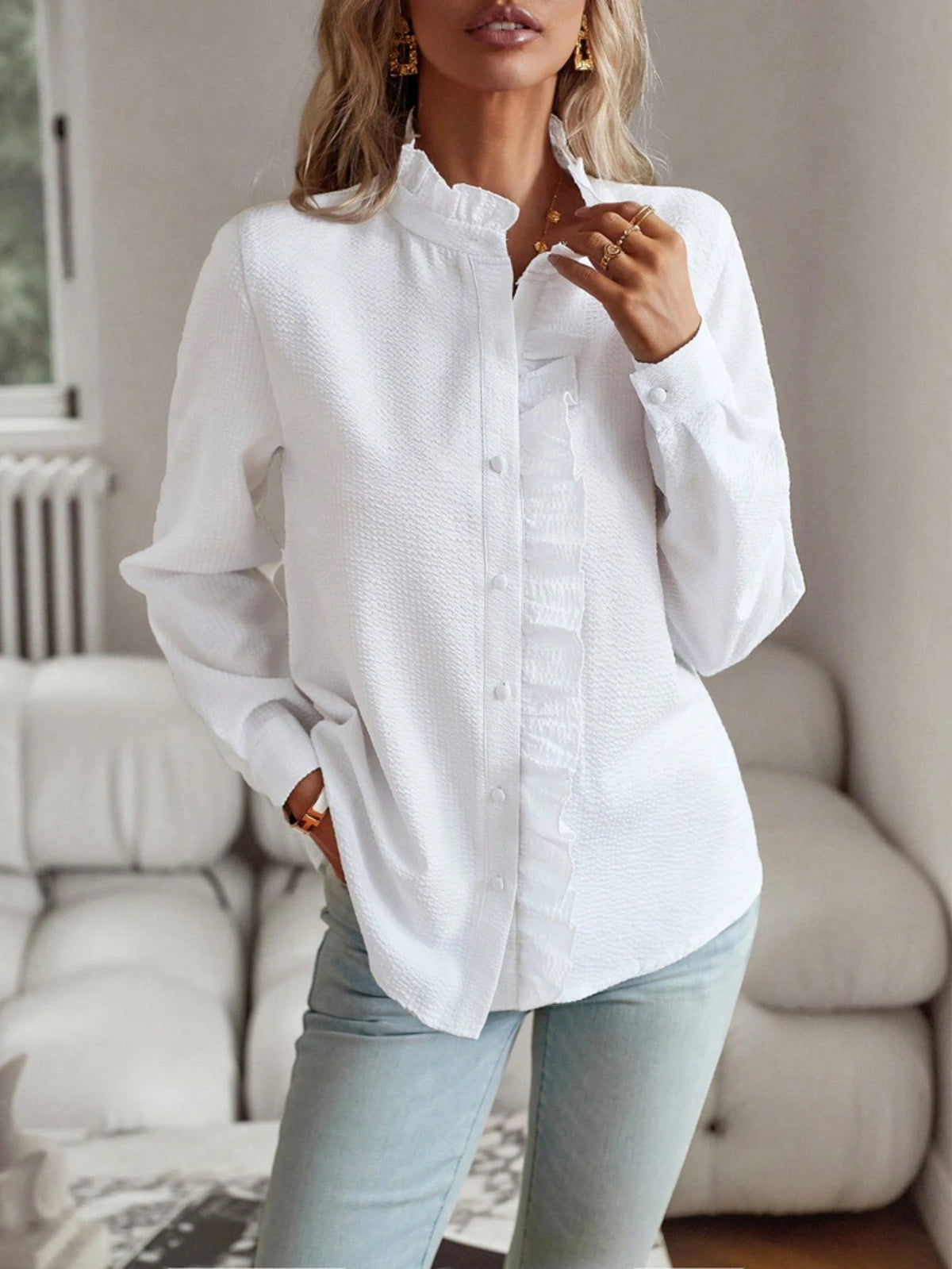 Women's Solid Color Ruffle Button Front Regular Fit Long Sleeve Shirt White