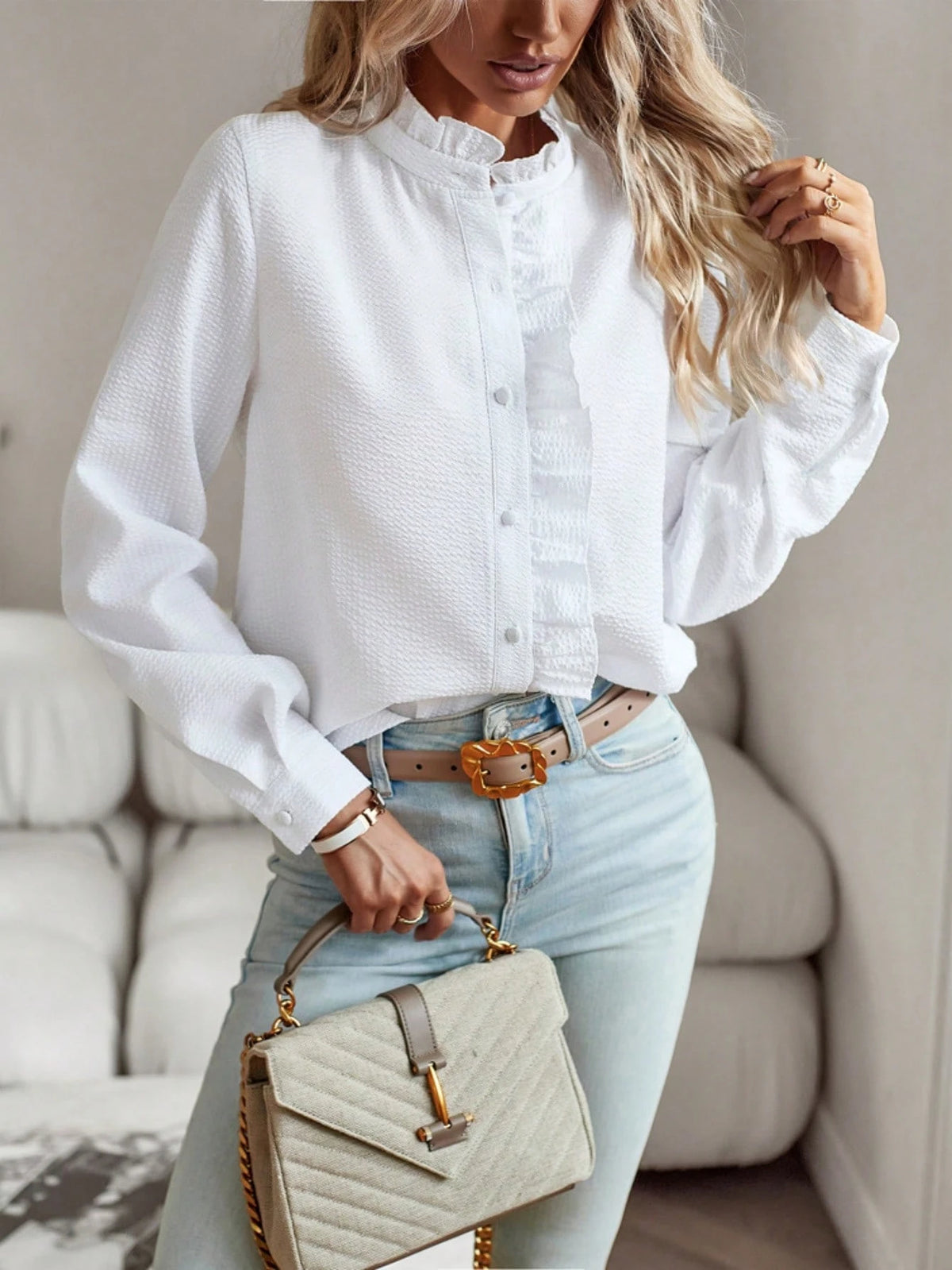 Women's Solid Color Ruffle Button Front Regular Fit Long Sleeve Shirt White