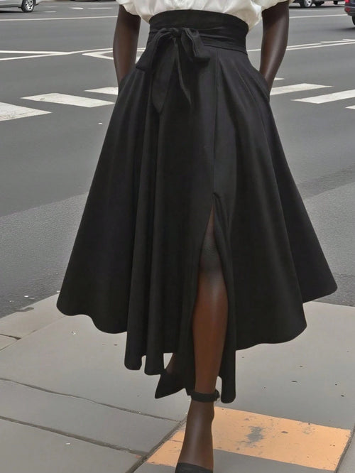 Women's Solid Color Simple Daily Slit Skirt Black Elegant Spring