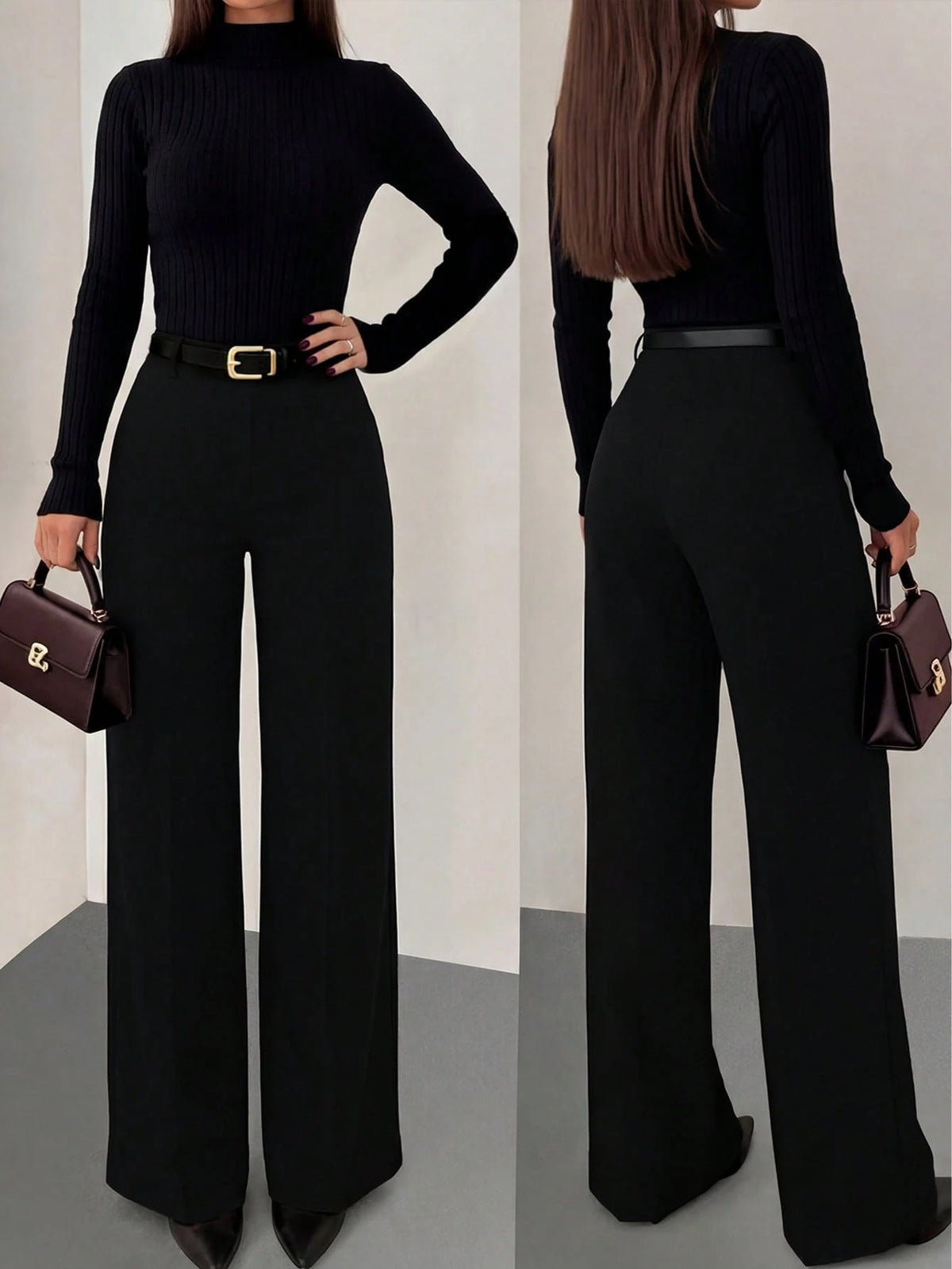 Women's Solid Color Skinny Fitted Straight Leg Pants, Elegant Vacation & Commute Style, No Belt Spring Black, High Waisted