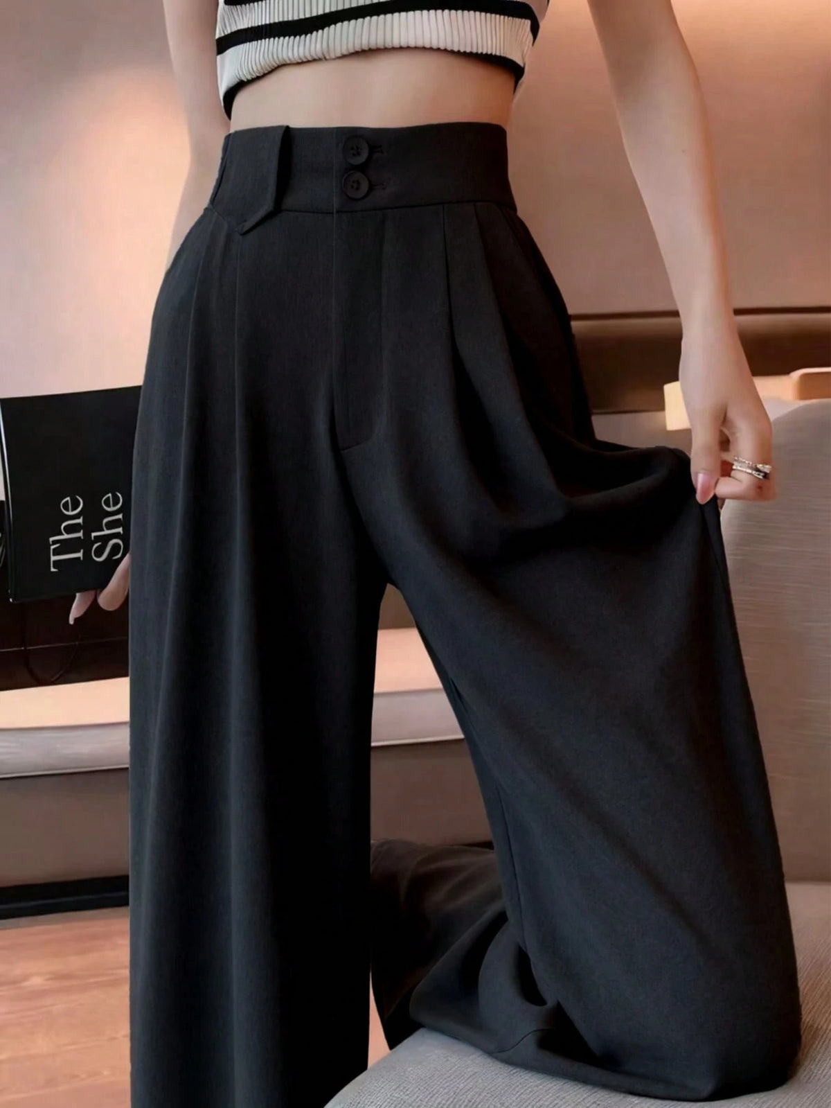 Women's Solid Color Slim Fit Long Pants With Front Double Buttons, Professional Back To School Style For Autumn Black