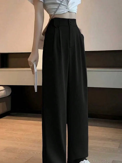 Women's Solid Color Slim Fit Long Pants With Front Double Buttons, Professional Back To School Style For Autumn Black
