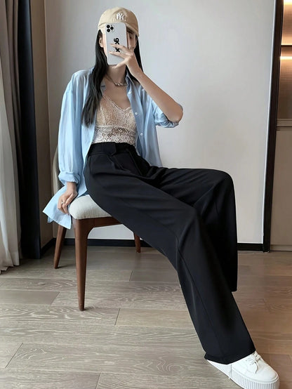 Women's Solid Color Slim Fit Long Pants With Front Double Buttons, Professional Back To School Style For Autumn Black