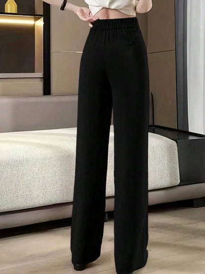 Women's Solid Color Slim Fit Long Pants With Front Double Buttons, Professional Back To School Style For Autumn Black