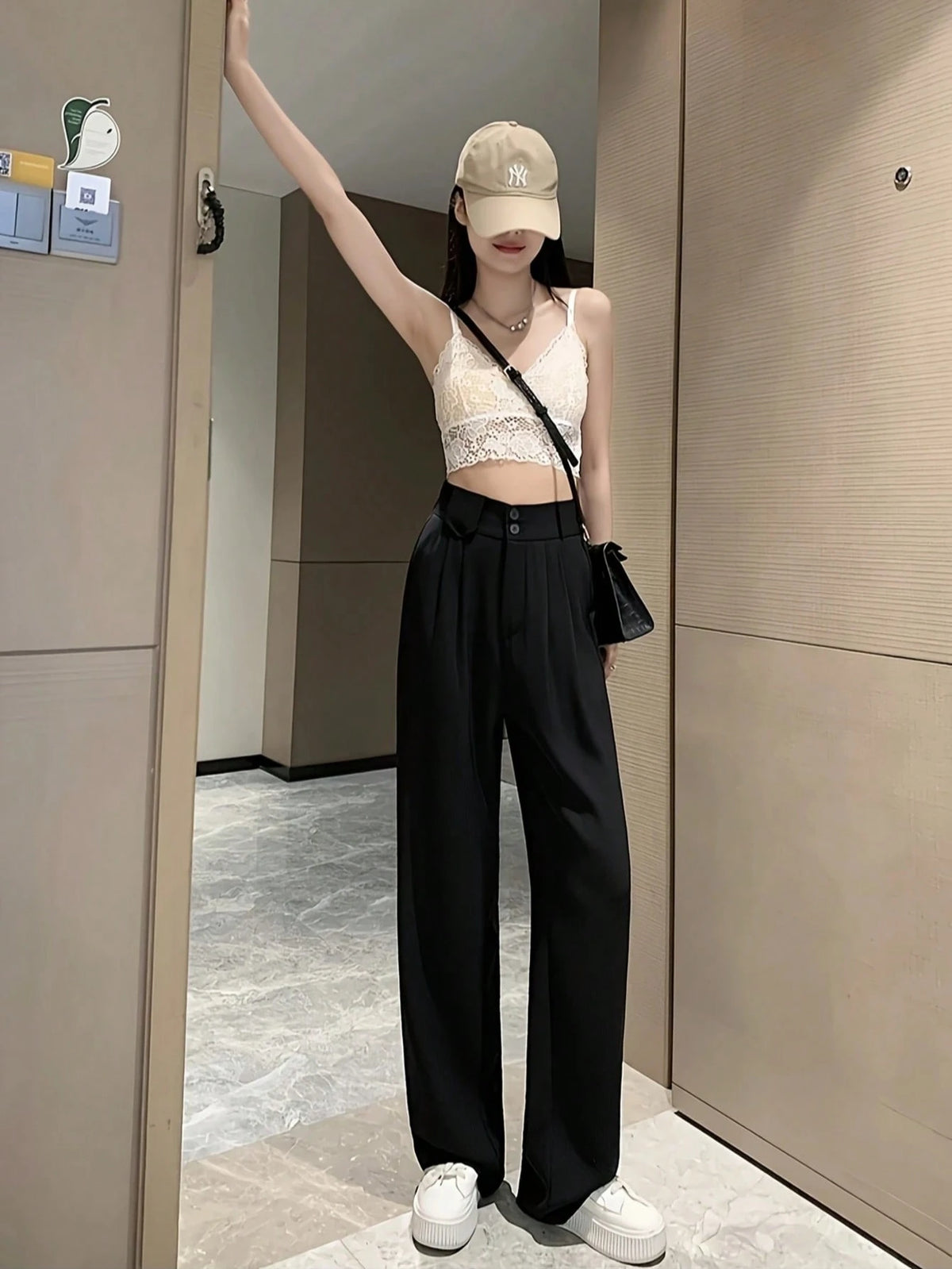 Women's Solid Color Slim Fit Long Pants With Front Double Buttons, Professional Back To School Style For Autumn Black