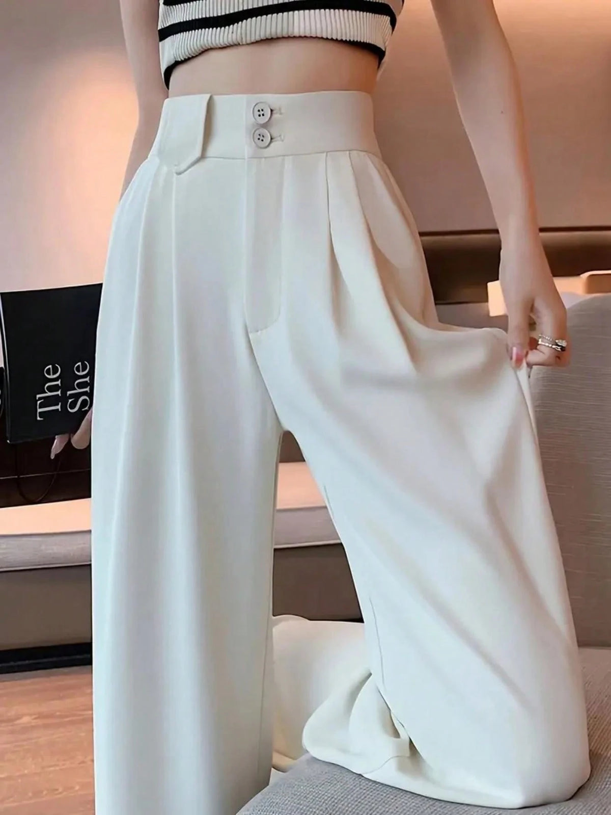 Women's Solid Color Slim Fit Long Pants With Front Double Buttons, Professional Back To School Style For Autumn Black
