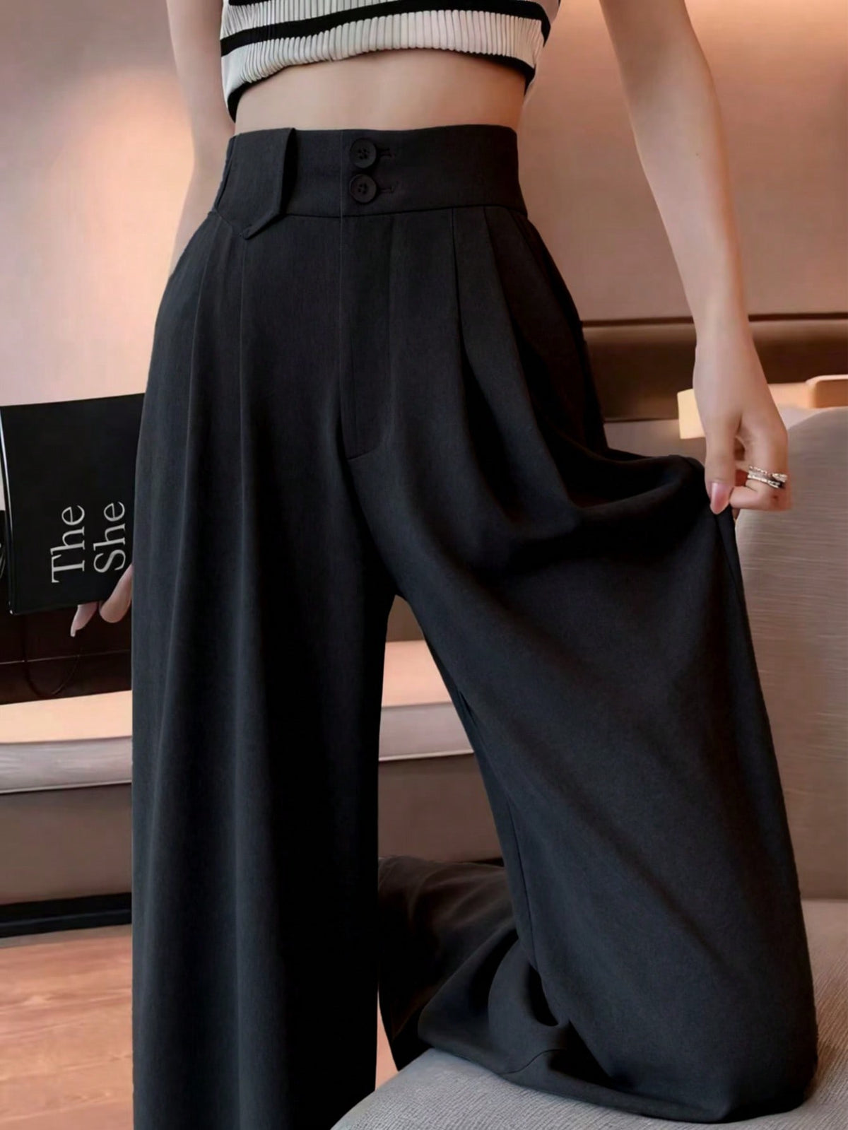 Women's Solid Color Slim Fit Long Pants With Front Double Buttons, Professional Back To School Style For Autumn Black
