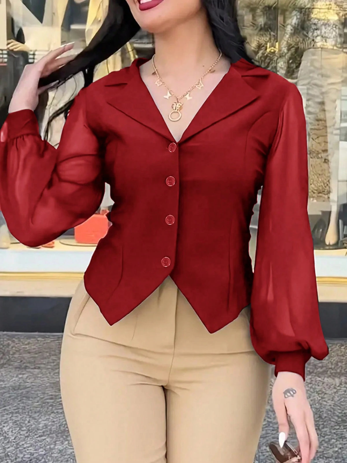 Women's Solid Color With Mesh Panel Long Sleeve Lapel NeckSingle-Breasted Fashion Blouse Spring