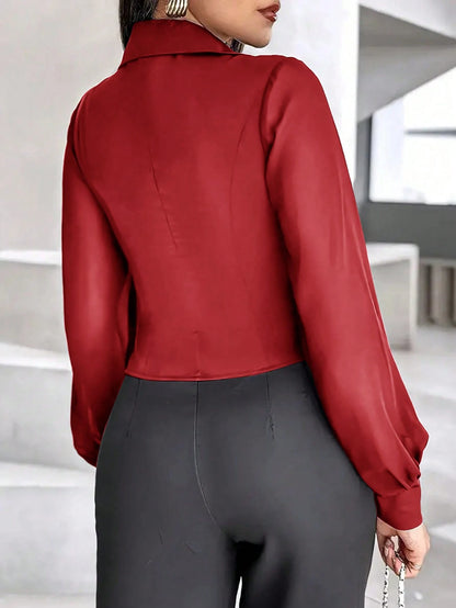 Women's Solid Color With Mesh Panel Long Sleeve Lapel NeckSingle-Breasted Fashion Blouse Spring