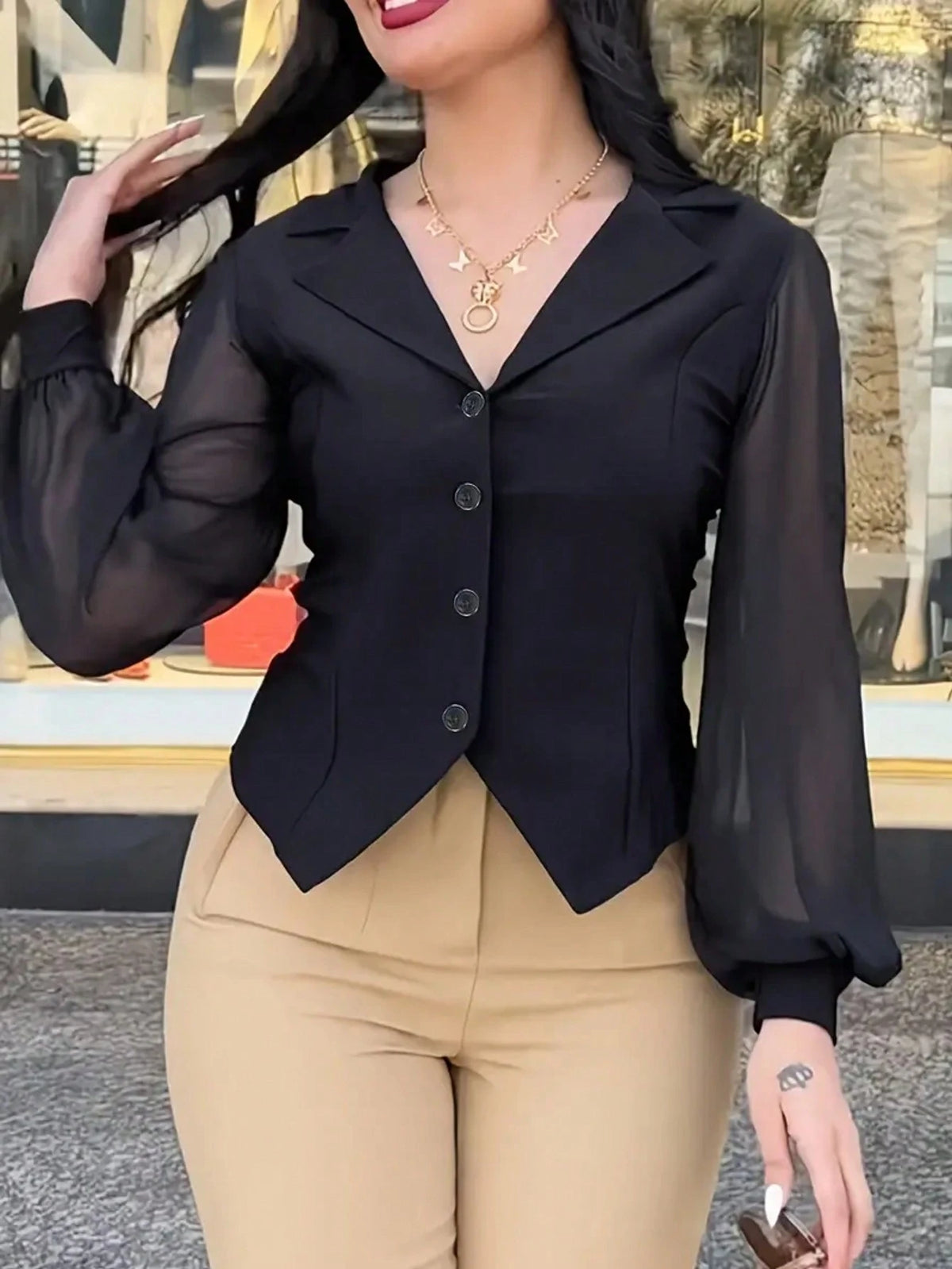 Women's Solid Color With Mesh Panel Long Sleeve Lapel NeckSingle-Breasted Fashion Blouse Spring