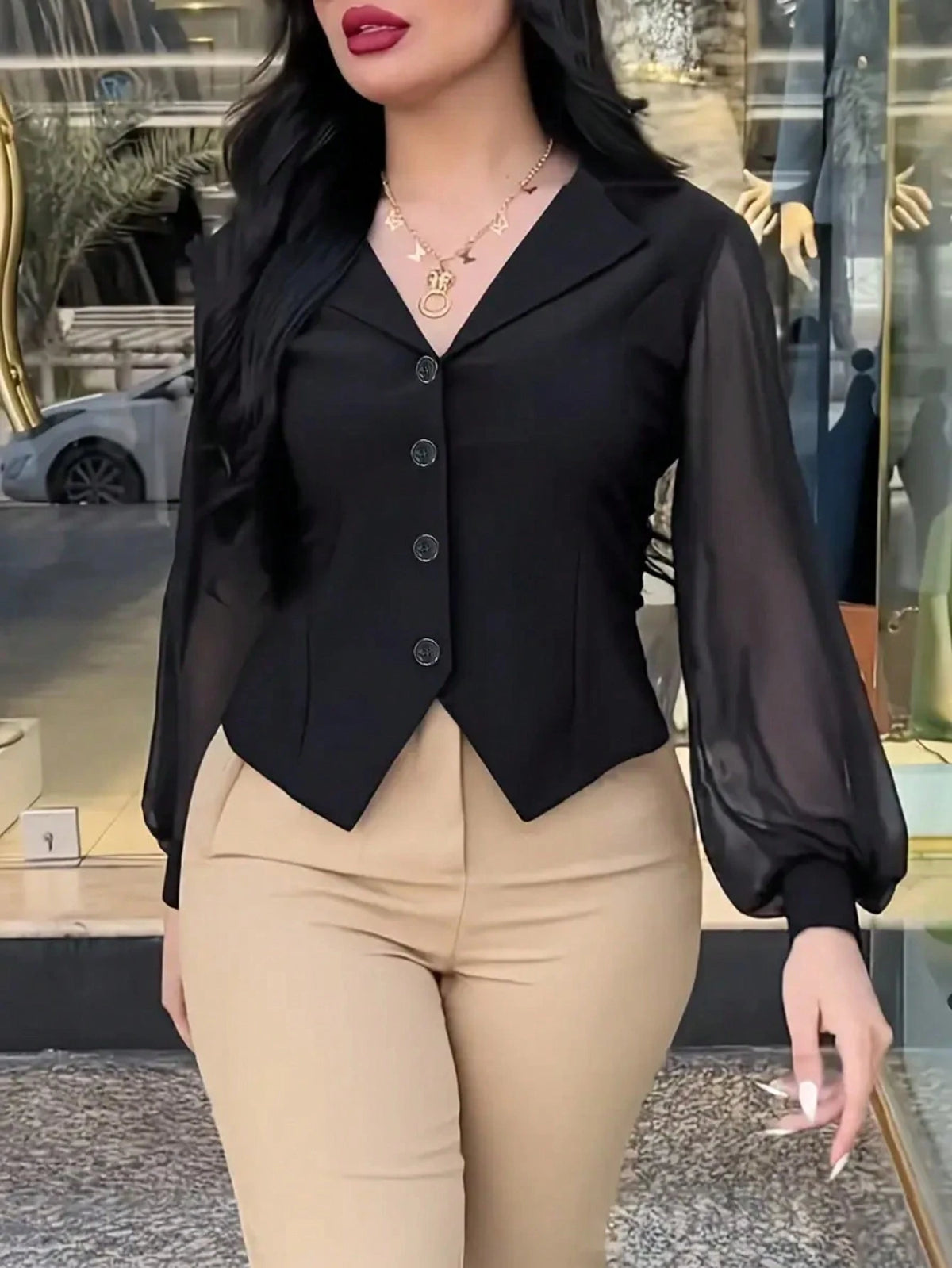 Women's Solid Color With Mesh Panel Long Sleeve Lapel NeckSingle-Breasted Fashion Blouse Spring