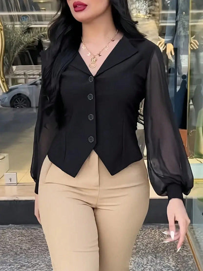 Women's Solid Color With Mesh Panel Long Sleeve Lapel NeckSingle-Breasted Fashion Blouse Spring