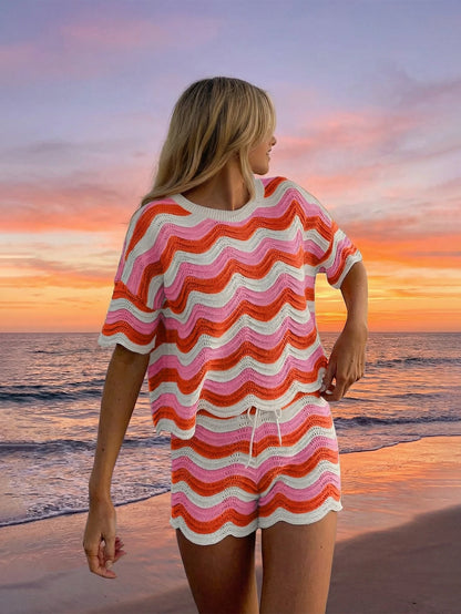 Women's Spring European And American Fashion Hollow Crochet Knit Short Sleeve Top And Casual Shorts 2 Pieces Set Vacation Beach Summer, Resort Wear