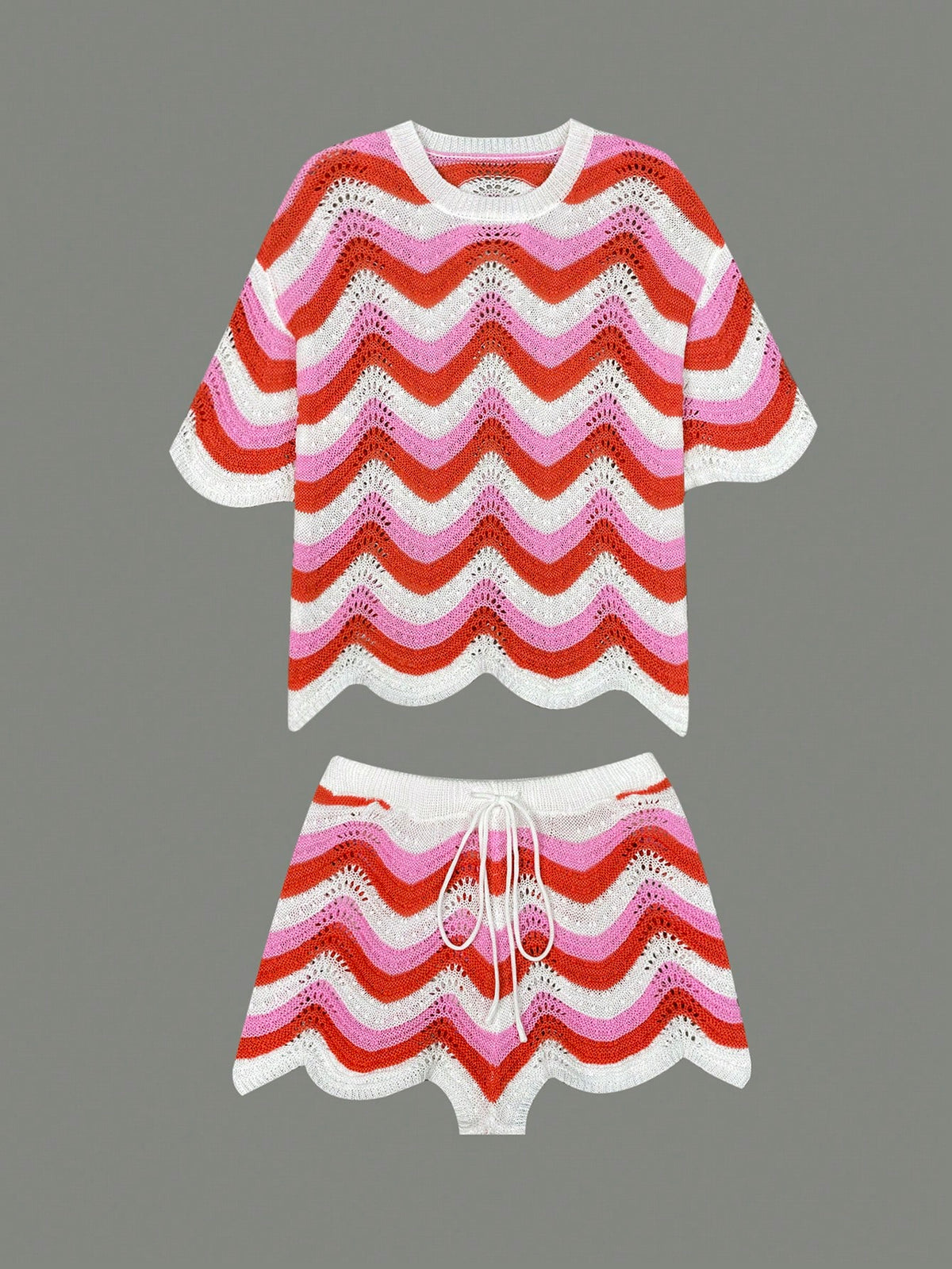 Women's Spring European And American Fashion Hollow Crochet Knit Short Sleeve Top And Casual Shorts 2 Pieces Set Vacation Beach Summer, Resort Wear