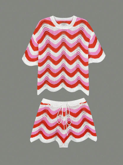 Women's Spring European And American Fashion Hollow Crochet Knit Short Sleeve Top And Casual Shorts 2 Pieces Set Vacation Beach Summer, Resort Wear