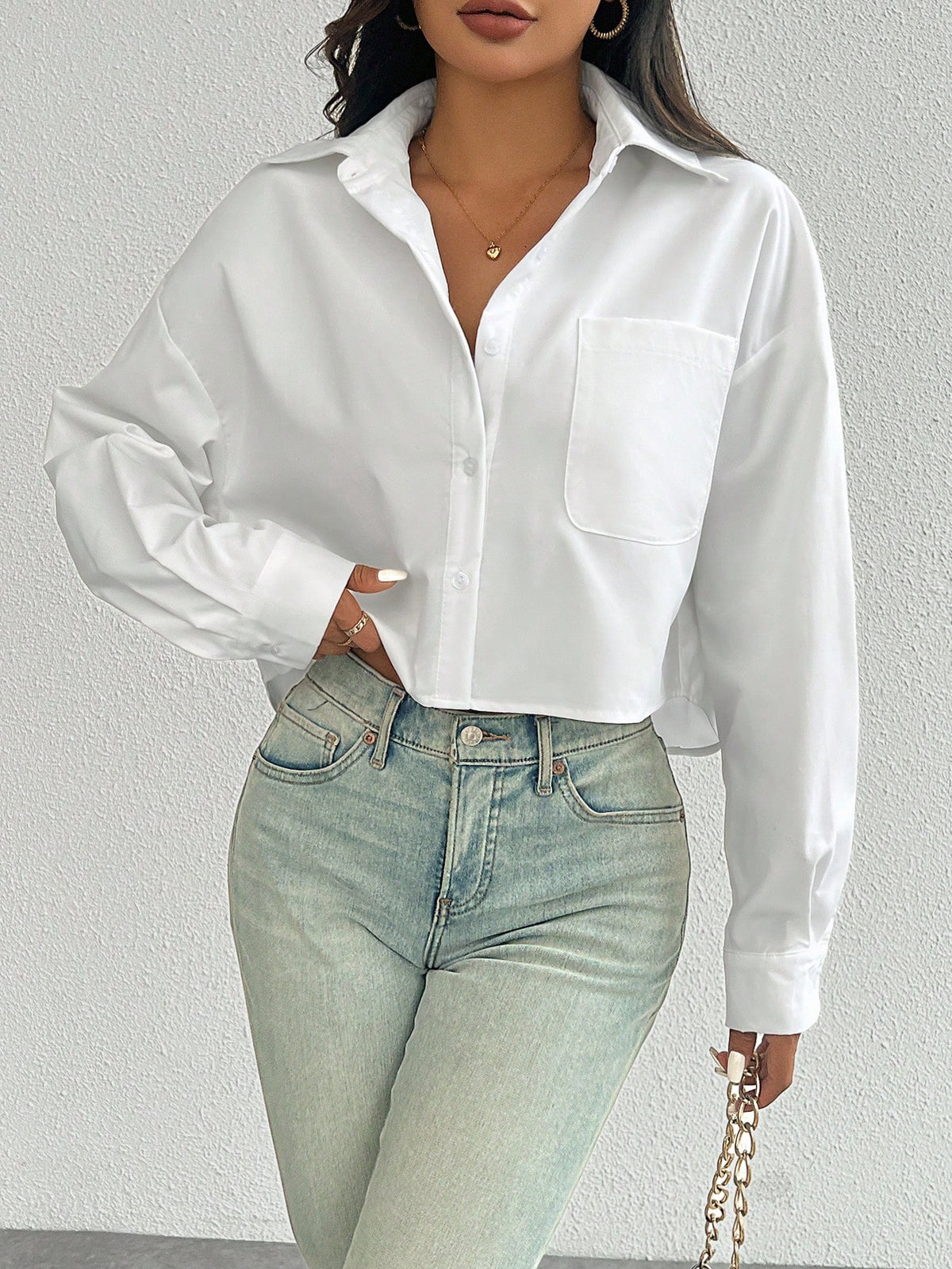 Women's Spring/Summer Solid Color Loose Fit Drop Shoulder Long Sleeve Cropped Casual Shirt With Pocket,Long Sleeve Tops Fall Cloth For Women