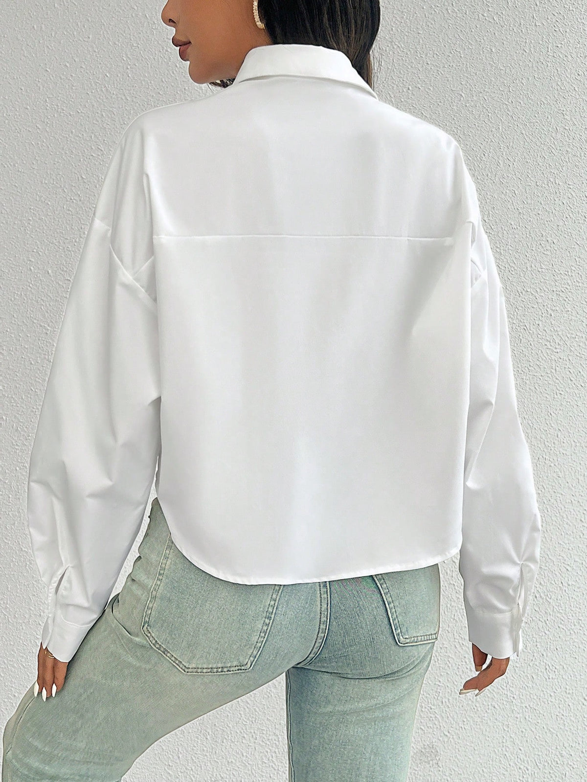 Women's Spring/Summer Solid Color Loose Fit Drop Shoulder Long Sleeve Cropped Casual Shirt With Pocket,Long Sleeve Tops Fall Cloth For Women