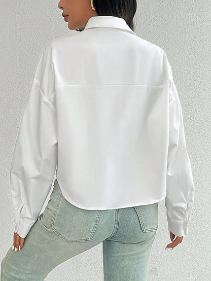 Women's Spring/Summer Solid Color Loose Fit Drop Shoulder Long Sleeve Cropped Casual Shirt With Pocket,Long Sleeve Tops Fall Cloth For Women