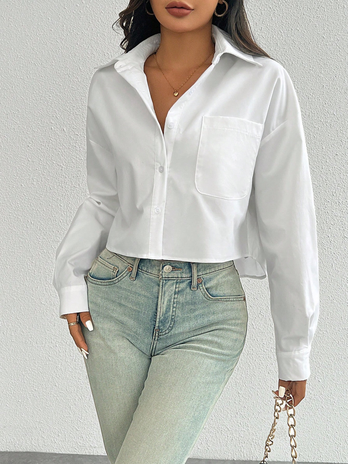 Women's Spring/Summer Solid Color Loose Fit Drop Shoulder Long Sleeve Cropped Casual Shirt With Pocket,Long Sleeve Tops Fall Cloth For Women