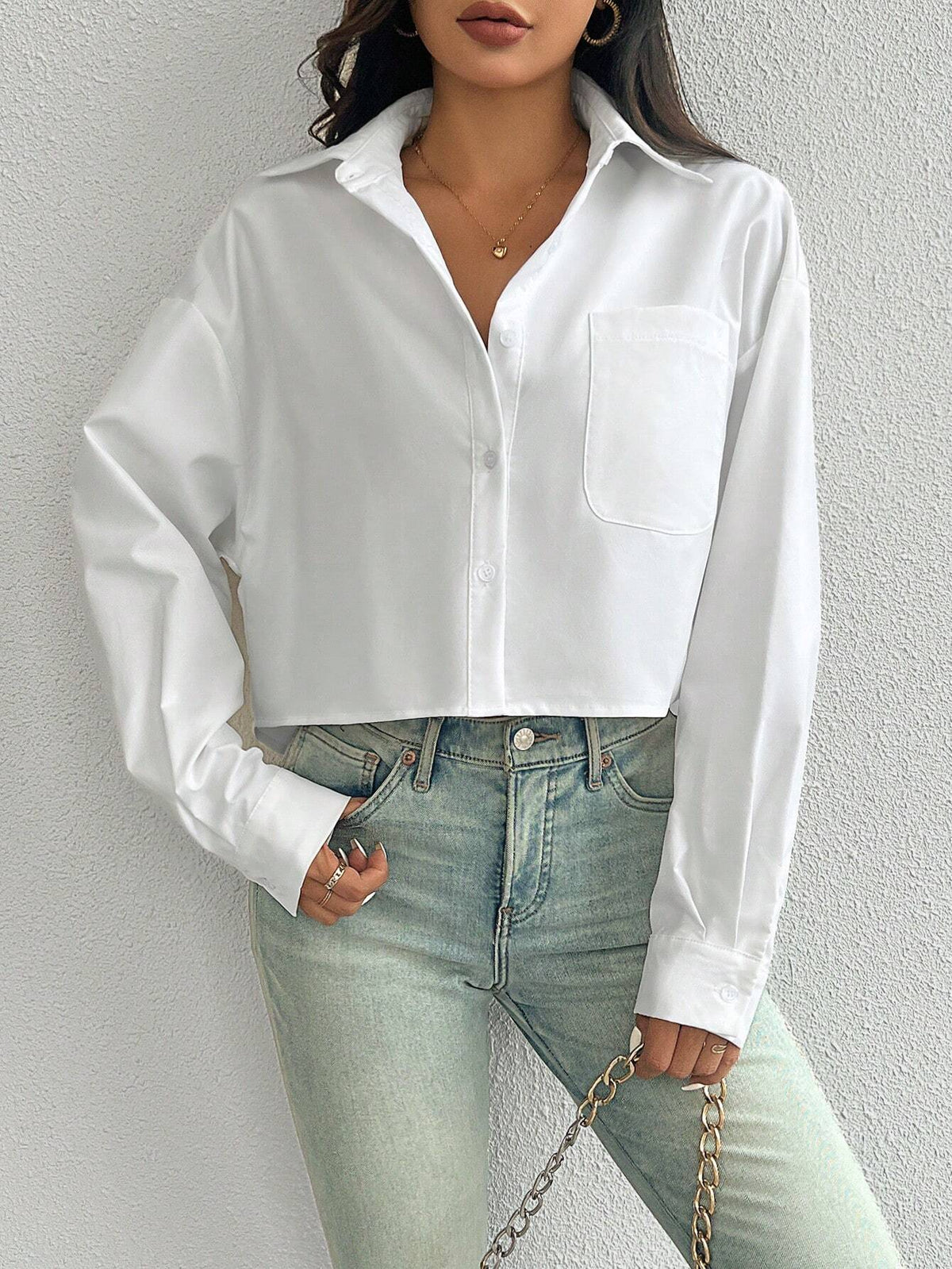Women's Spring/Summer Solid Color Loose Fit Drop Shoulder Long Sleeve Cropped Casual Shirt With Pocket,Long Sleeve Tops Fall Cloth For Women